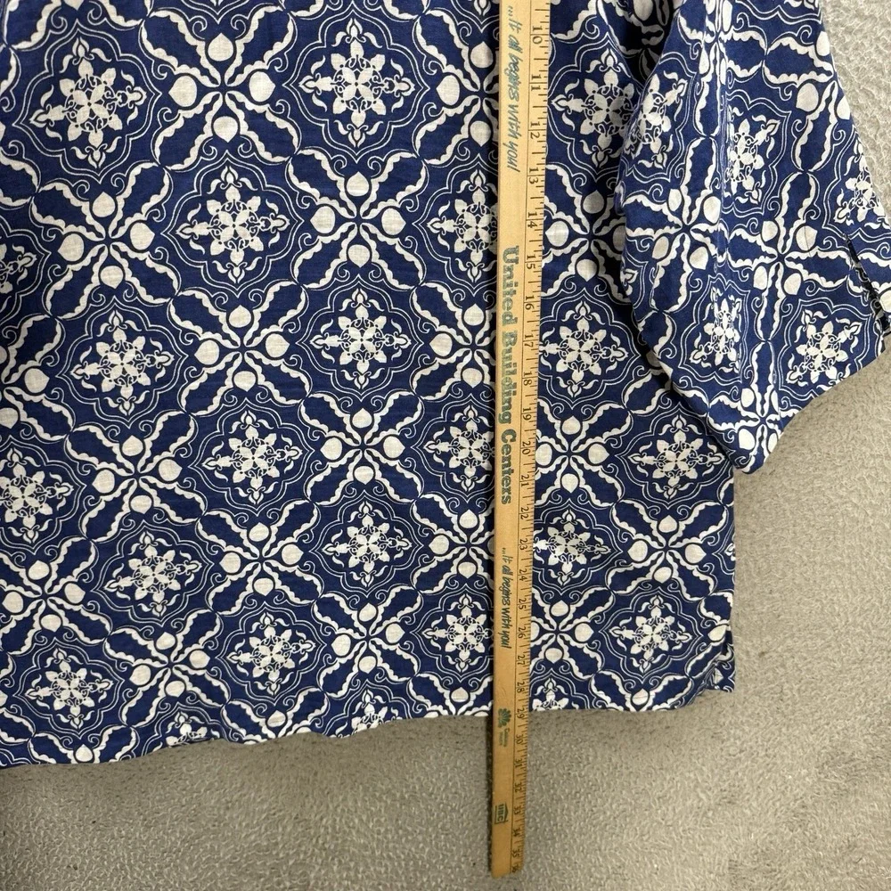Tweeds Shirt‎ Womens 1X Blue White Geometric Embroidered Linen Blend Coastal